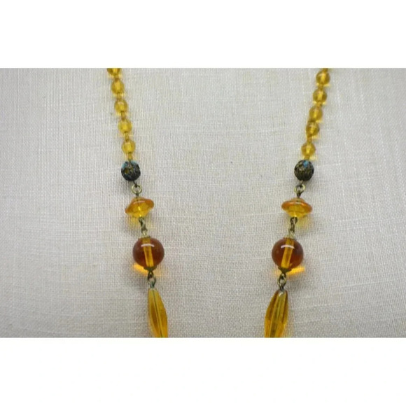 Victorian Topaz Glass Rhinestone Filigree Bead Beaded Pendant Necklace - Picture 4 of 7